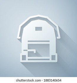 Paper Cut Farm House Icon Isolated On Grey Background. Paper Art Style. Vector