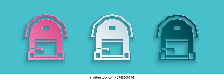 Paper Cut Farm House Icon Isolated On Blue Background. Paper Art Style. Vector