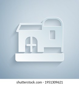 Paper Cut Farm House Icon Isolated On Grey Background. Paper Art Style. Vector