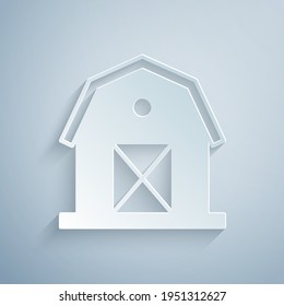 Paper Cut Farm House Icon Isolated On Grey Background. Paper Art Style. Vector