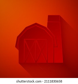 Paper Cut Farm House Icon Isolated On Red Background. Paper Art Style. Vector