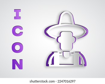 Paper cut Farmer in the hat icon isolated on grey background. Paper art style. Vector
