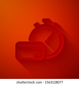 Paper cut Fast payments icon isolated on red background. Fast money transfer payment. Financial services, fast loan, time is money, cash back concept. Paper art style. Vector Illustration
