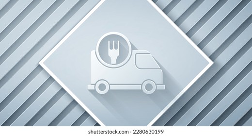Paper cut Fast round the clock delivery by car icon isolated on grey background. Paper art style. Vector Illustration