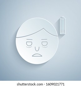 Paper cut Fatigue icon isolated on grey background. No energy. Stress symptom. Negative space. Paper art style. Vector Illustration