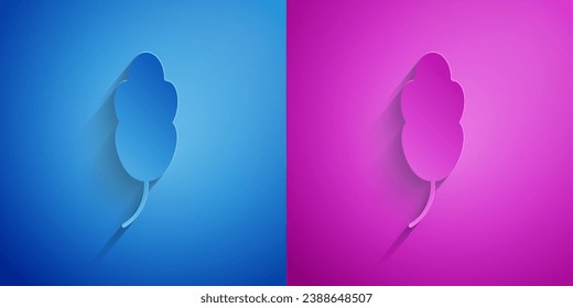 Papierschnitt Feder Symbol einzeln auf blauem und violettem Hintergrund. Kunststil aus Papier. Vektorgrafik