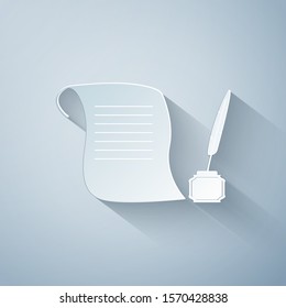 Paper cut Feather in the inkwell and paper scroll icon isolated on grey background. Paper art style. Vector Illustration