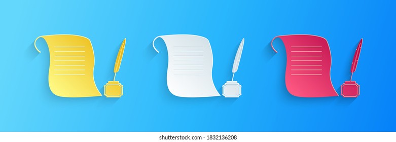 Paper cut Feather in the inkwell and paper scroll icon isolated on blue background. Paper art style. Vector.