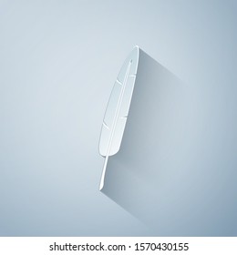 Paper cut Feather pen icon isolated on grey background. Paper art style. Vector Illustration