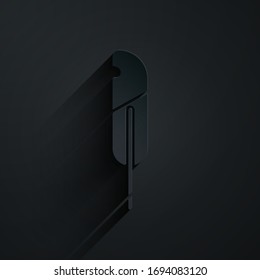 Paper cut Feather pen icon isolated on black background. Paper art style. Vector Illustration