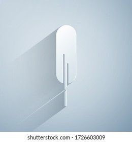Paper cut Feather pen icon isolated on grey background. Paper art style. Vector Illustration