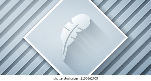 Paper cut Feather pen icon isolated on grey background. Paper art style. Vector