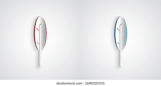 Paper cut Feather pen icon isolated on grey background. Paper art style. Vector