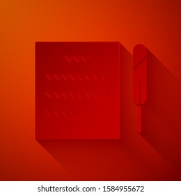 Paper cut Feather pen and paper scroll icon isolated on red background. Paper art style. Vector Illustration