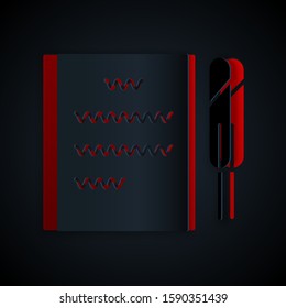 Paper cut Feather pen and paper scroll icon isolated on black background. Paper art style. Vector Illustration