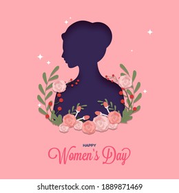 Paper Cut Female Face Decorated With Floral On Pink Background For Happy Women's Day Concept.