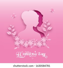 Paper Cut Female Face with Flowers, Leaves and Butterflies on Pink Background for Happy Women's Day.