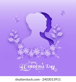 Paper Cut Female Face with Flowers, Leaves and Butterflies on Purple Background for Happy Women's Day. Can Be Used as Greeting Card.
