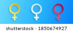Paper cut Female gender symbol icon isolated on blue background. Venus symbol. The symbol for a female organism or woman. Paper art style. Vector.