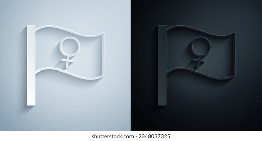 Paper cut Female movement, feminist activist with banner and placards icon isolated on grey and black background. Feminist rights movement, feminism sisterhood. Paper art style. Vector
