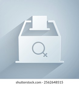 Paper cut Female vote right icon isolated on grey background. Paper art style. Vector