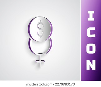 Paper cut Feminism finance icon isolated on grey background. Fight for freedom, independence, equality. Paper art style. Vector