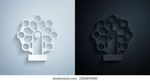 Paper cut Ferris wheel icon isolated on grey and black background. Amusement park. Childrens entertainment playground, recreation park. Paper art style. Vector