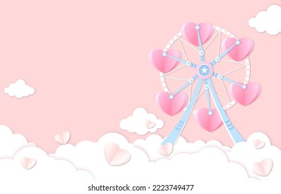 Paper cut the Ferris wheel love has a white rabbit and a pink heart-shaped basket with space for text - design for  background  social media, poster, brochure other, paper cut love.