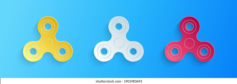 Cortado de papel Icono del spinner Fidget aislado en fondo azul. El estrés aliviando el juguete. Trendy. Estilo de arte de papel. Vector.