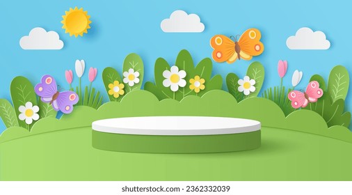 Paper cut of field of flowers and butterfly on blue sky background with white and green cylinder podium for your products display presentation.