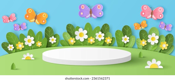 Paper cut of field of flowers and flocks of butterfly on blue sky background with white cylinder podium for your products display presentation.