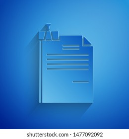 Paper cut File document and binder clip icon isolated on blue background. Checklist icon. Business concept. Paper art style. Vector Illustration