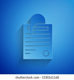 Paper cut File document and paper clip icon isolated on blue background. Checklist icon. Business concept. Paper art style. Vector Illustration
