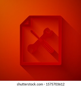 Paper cut File document with screwdriver and wrench icon isolated on red background. Adjusting, service, setting, maintenance, repair, fixing. Paper art style. Vector Illustration