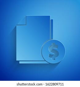 Paper cut Finance document icon isolated on blue background. Paper bank document with dollar coin for invoice or bill concept. Paper art style. Vector Illustration