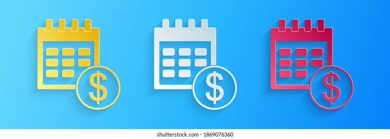Paper cut Financial calendar icon isolated on blue background. Annual payment day, monthly budget planning, fixed period concept, loan duration. Paper art style. Vector.