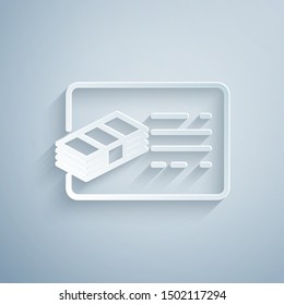 Paper cut Financial document line icon isolated on grey background. Invoice and money icon. Budget planning, money saving and paying debt concept. Paper art style. Vector Illustration
