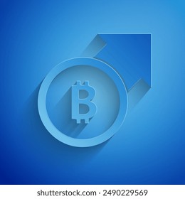 Paper cut Financial growth and bitcoin coin icon isolated on blue background. Increasing revenue. Paper art style. Vector