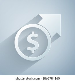Paper cut Financial growth and dollar coin icon isolated on grey background. Increasing revenue. Paper art style. Vector