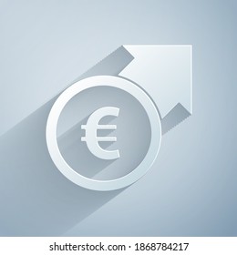 Paper cut Financial growth and euro coin icon isolated on grey background. Increasing revenue. Paper art style. Vector