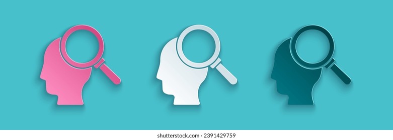 Corte de papel Encontrar un problema en el icono de la psicología aislado en el fondo azul. Estilo de arte de papel. Vector