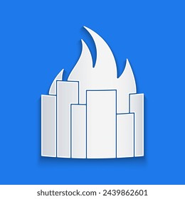 Paper cut Fire in burning buildings on city street icon isolated on blue background. Destroyed city on fire. Paper art style. Vector Illustration