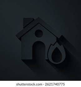 Paper cut Fire in burning house icon isolated on black background. Insurance concept. Security, safety, protection, protect concept. Paper art style. Vector