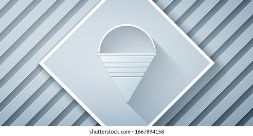 Paper cut Fire cone bucket icon isolated on grey background. Metal cone bucket empty or with water for fire fighting. Paper art style. Vector Illustration