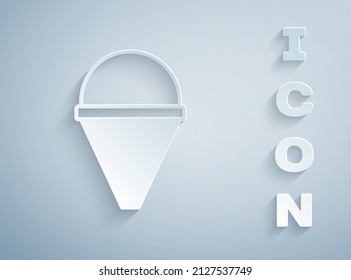 Paper cut Fire cone bucket icon isolated on grey background. Metal cone bucket empty or with water for fire fighting. Paper art style. Vector