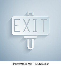 Paper cut Fire exit icon isolated on grey background. Fire emergency icon. Paper art style. Vector