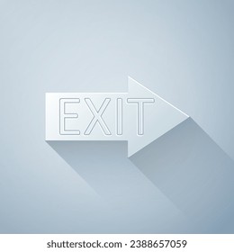 Paper cut Fire exit icon isolated on grey background. Fire emergency icon. Paper art style. Vector Illustration