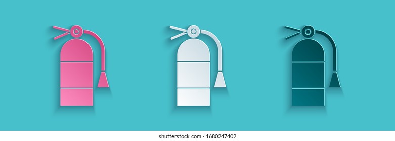 Paper cut Fire extinguisher icon isolated on blue background. Paper art style. Vector Illustration
