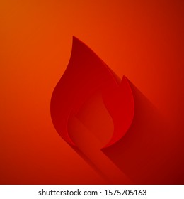Paper cut Fire flame icon isolated on red background. Heat symbol. Paper art style. Vector Illustration