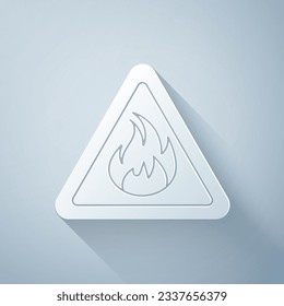 Paper cut Fire flame in triangle icon isolated on grey background. Warning sign of flammable product. Paper art style. Vector Illustration